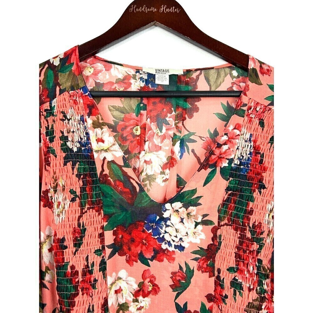New Vintage America Blues Women Sz 1X Pink Blouse Floral Smocked Chiffon Top N1 - Picture 5 of 12